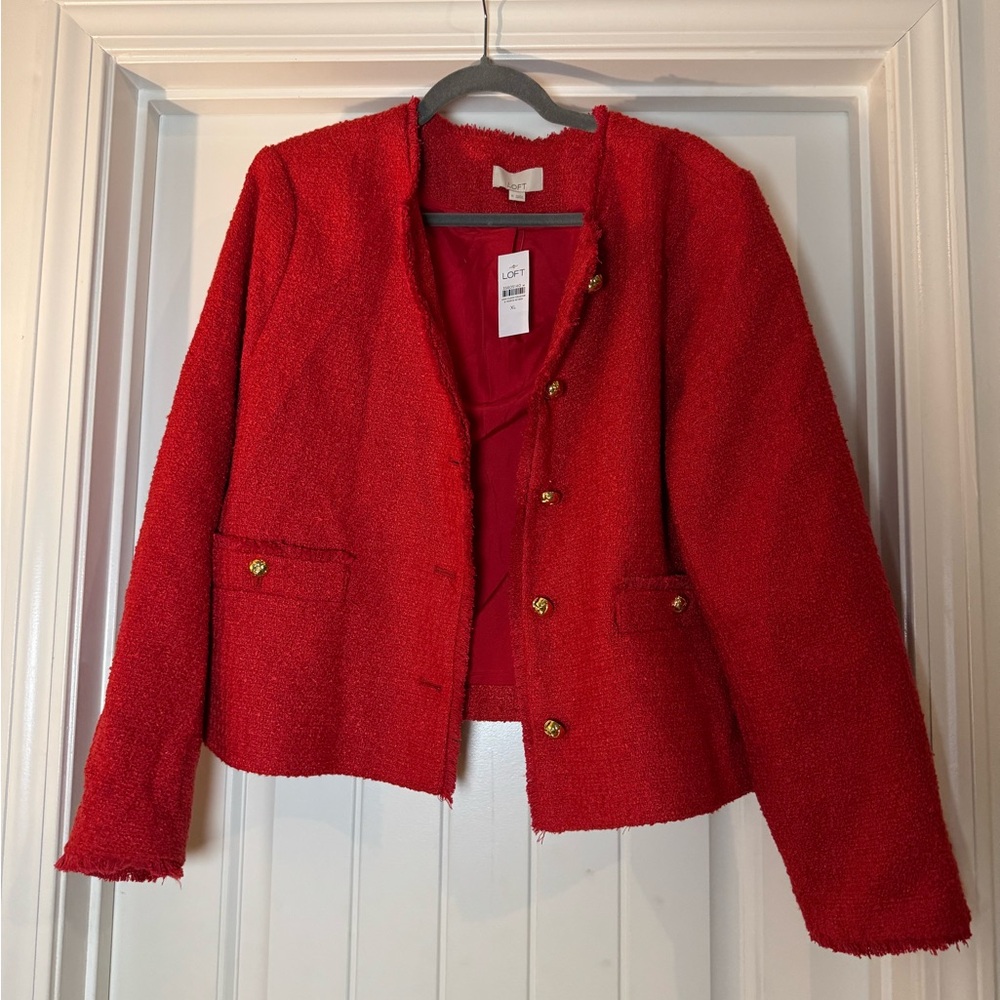 LOFT Red Tweed Open-Front Blazer